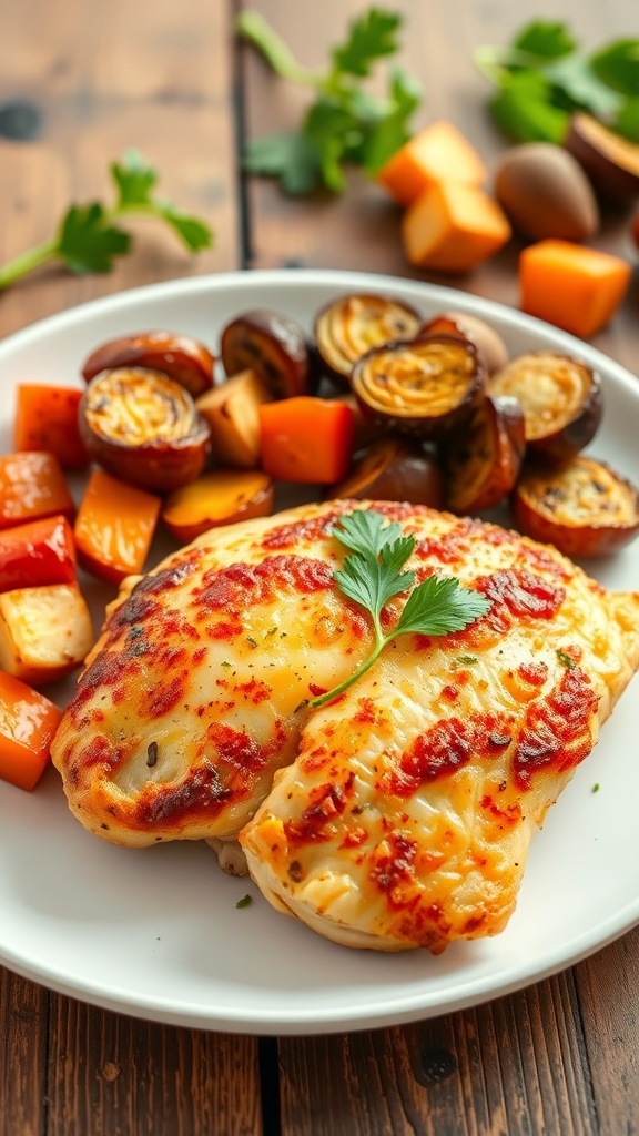 Quick and Easy Air Fryer Chicken Dinner Crispy air fryer chicken breast garnished with parsley, served with roasted vegetables on a white plate.